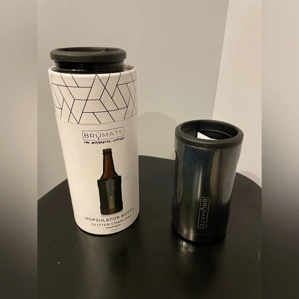 BrüMate Glitter Charcoal Hopsulator 12 oz. NEW! has adapter for bottle or can!